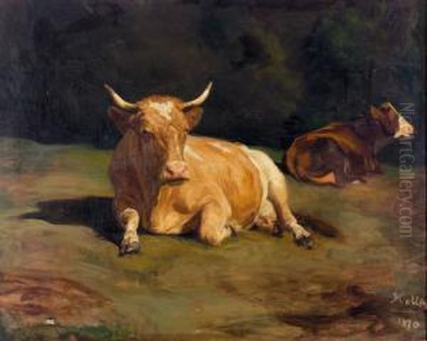 Liegende Kuhe Auf Der Weide. Oil Painting by Rudolf Koller