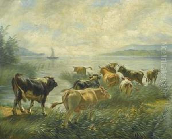 Cows At The Lakeside. Oil Painting by Rudolf Koller