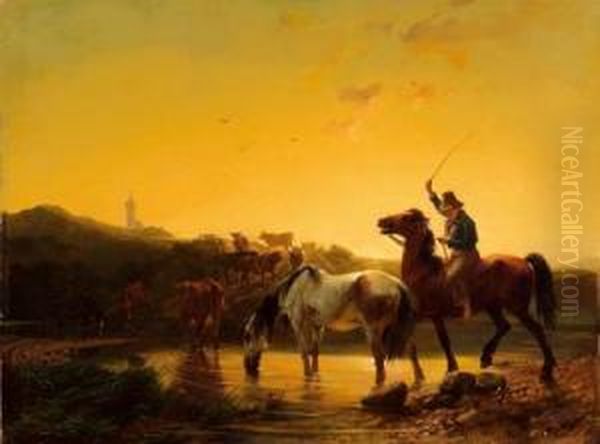 Hirt Zu Pferd Mit Seiner Herde An Einer Furt. Oil Painting by Rudolf Koller