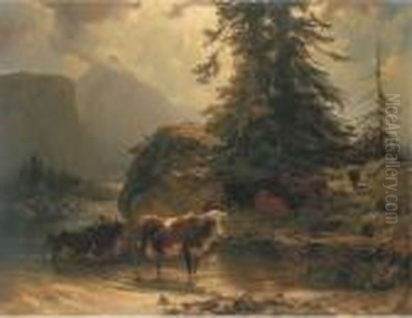 Kuhe Im Bergsee Oil Painting by Rudolf Koller