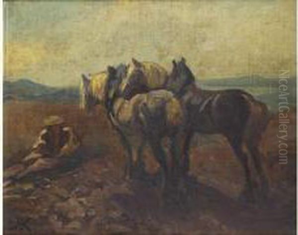 Les Chevaux Oil Painting by Rudolf Koller