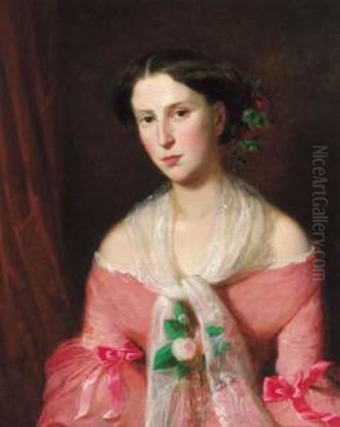 Portrait Of A Young Lady, Three-quarter-length, In A Pink Dress Anda Lace Shawl Oil Painting by Rudolf Koller