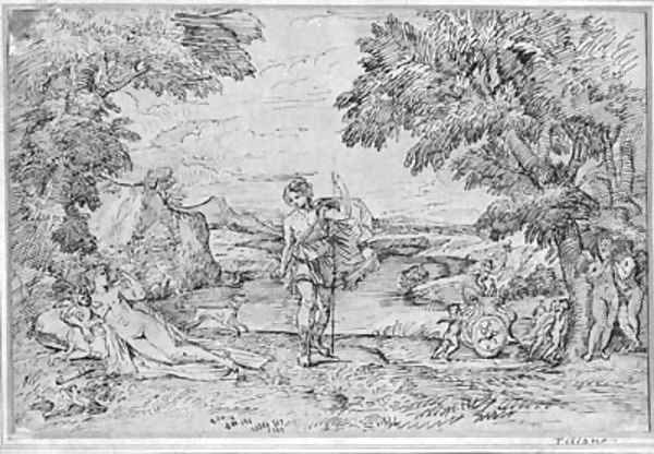 Venus and Adonis with Cupid and putti by a chariot in an extensive landscape, after Albani Oil Painting by Michel des Gobelins Corneille