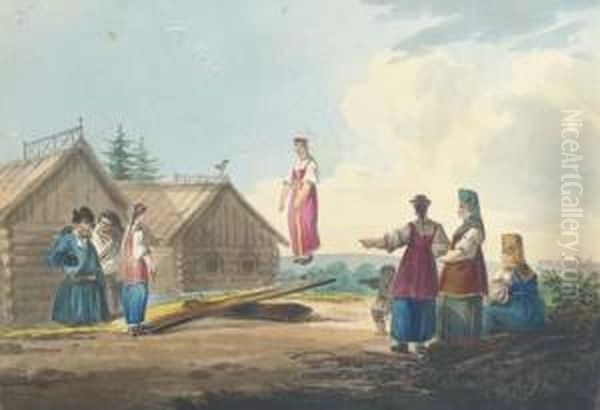 Peasant Girls Playing On A See-saw; And Journey To Market Oil Painting by Carl Ivanovitch Kollmann