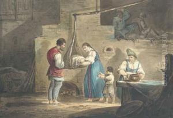 Nursing The Newborn; And Three Peasants And A Sleigh Oil Painting by Carl Ivanovitch Kollmann