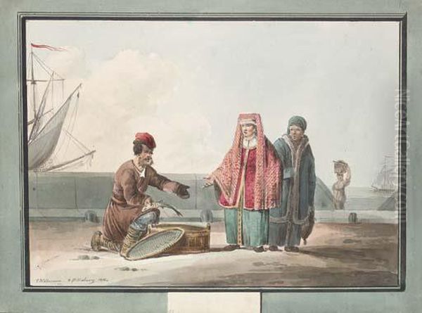 A Russian Peasant Selling Fish Oil Painting by Carl Ivanovitch Kollmann