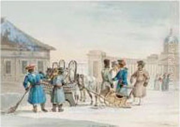 Coachmen Outside The Cathedral Of The Mother Of God Of Kazan, St. Petersburg Oil Painting by Carl Ivanovitch Kollmann