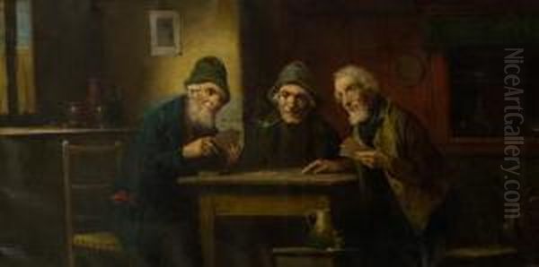 The Card Players Oil Painting by Lajos Kolozsvary