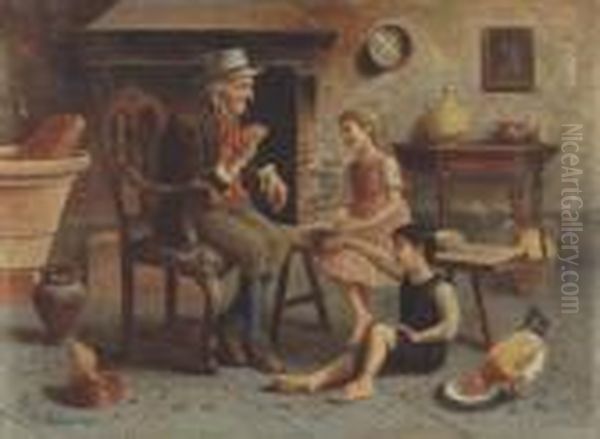 Grandfather Telling A Tale Oil Painting by Lajos Kolozsvary