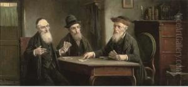 Rabbis Playing Cards Oil Painting by Lajos Kolozsvary