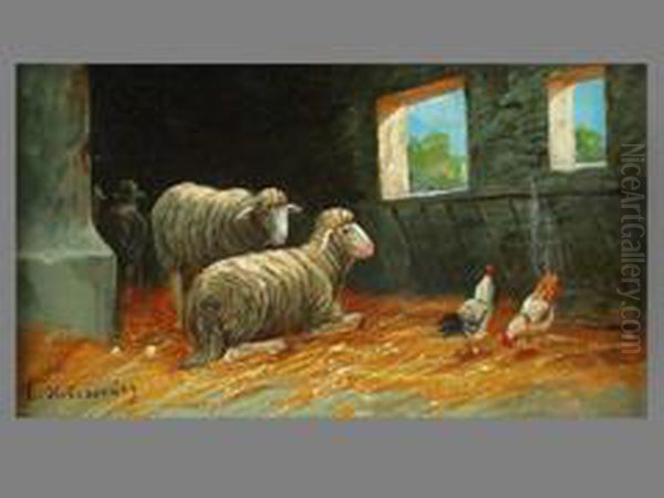 Schafe Im Stall Oil Painting by Lajos Kolozsvary