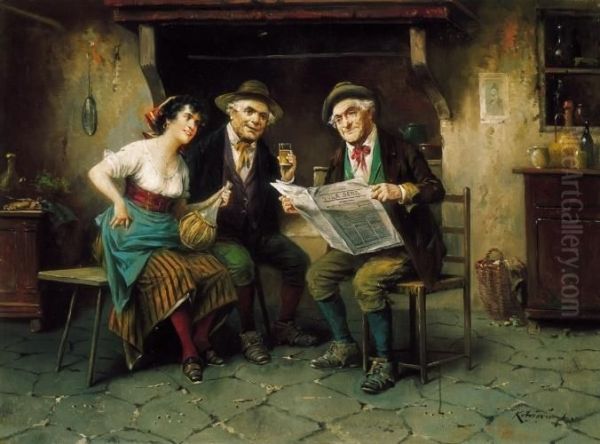 Sitting (in A Trattoria) Oil Painting by Lajos Kolozsvary