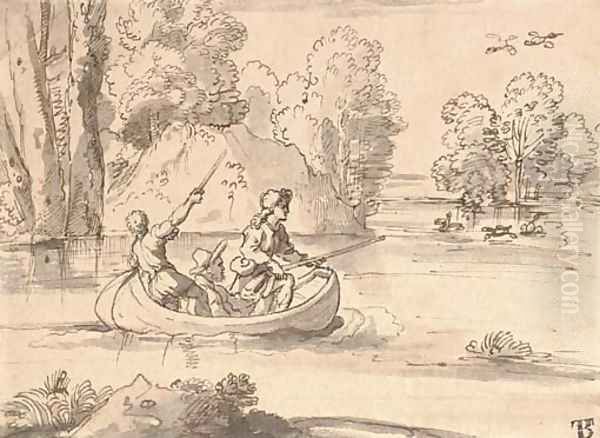 Three men shooting duck from a boat Oil Painting by Michel des Gobelins Corneille