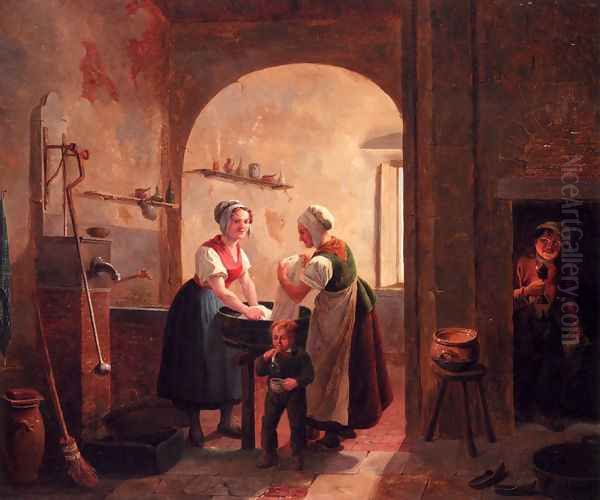 Washerwomen In A Sunlit Basement With A Young Boy Blowing Bubbles Oil Painting by Constantin Fidele Coene