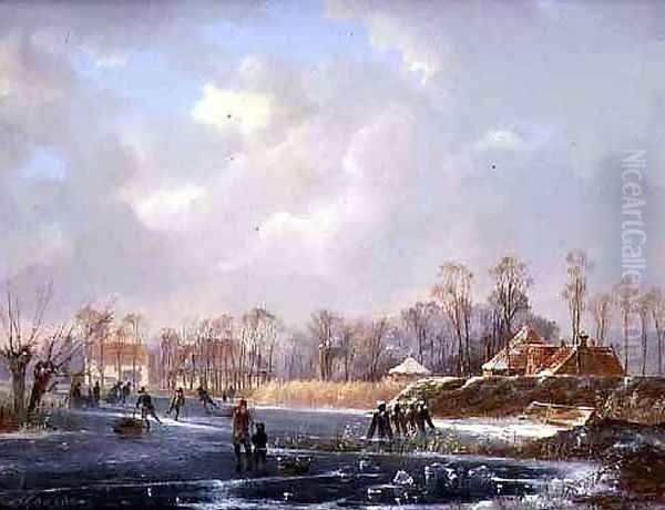 Landscape with Figures on a Frozen River Oil Painting by Hendrik Gerrit ten Cate