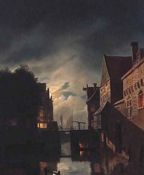 A Canal in Amsterdam, by night Oil Painting by Hendrik Gerrit ten Cate