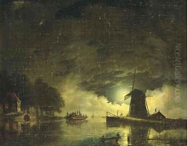 A ferry crossing by moonlight Oil Painting by Hendrik Gerrit ten Cate