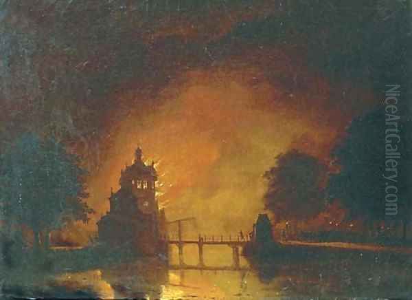 A tower ablaze Oil Painting by Hendrik Gerrit ten Cate