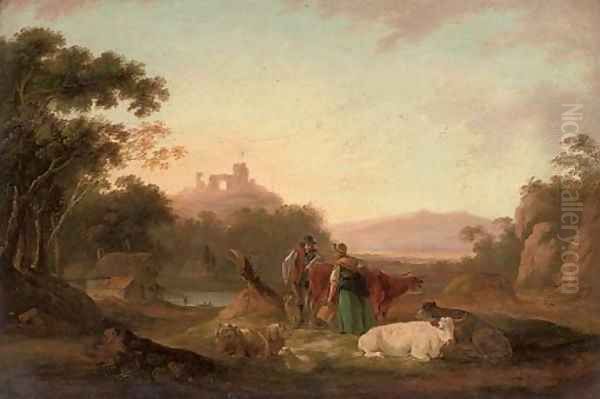 A wooded river landscape with figures and cattle in the foreground, ruins on a hill beyond Oil Painting by Peter Le Cave