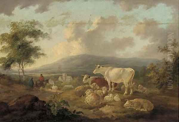 Figures on a track returning to a village, cattle and sheep in the foreground Oil Painting by Peter Le Cave