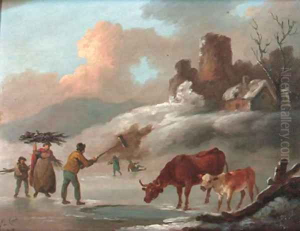 Figures and cattle on a frozen lake Oil Painting by Peter Le Cave