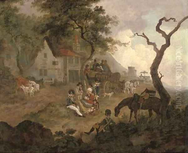 Soldiers and travellers before an Inn Oil Painting by Peter Le Cave