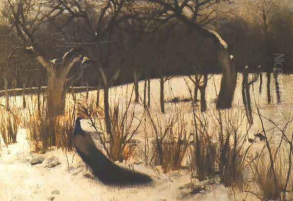 Winter. Peacock in a Garden Oil Painting by Jozef Czajkowski