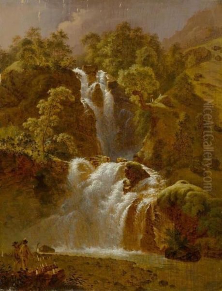 Wasserfall Mit Personenstaffage Im Vordergrund Oil Painting by Franz Niklaus Konig