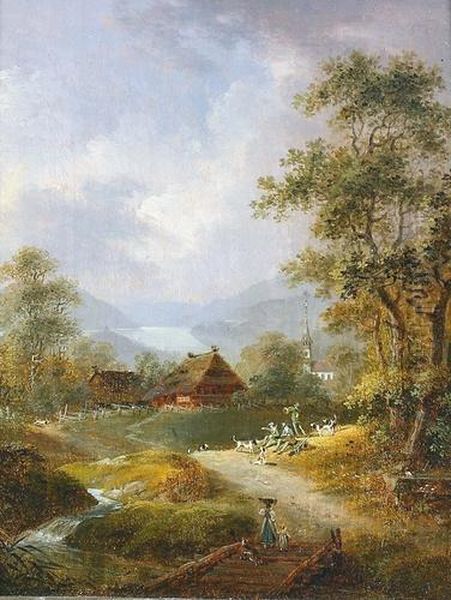 Jagdgesellschaft In Hugeliger Landschaft. Oil Painting by Franz Niklaus Konig