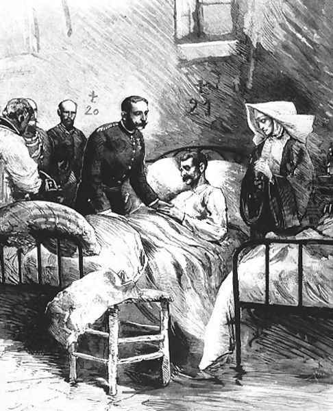 Alfonso XII visiting a cholera hospital at Aranjuez Oil Painting by Juan Comba y Garcia