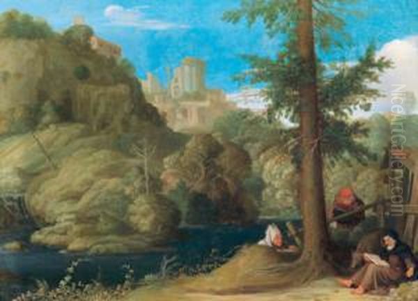 Ein Einsiedler Mit Zwei Gefahrten In Einer Bewaldetenflusslandschaft Oil Painting by Johann Konig