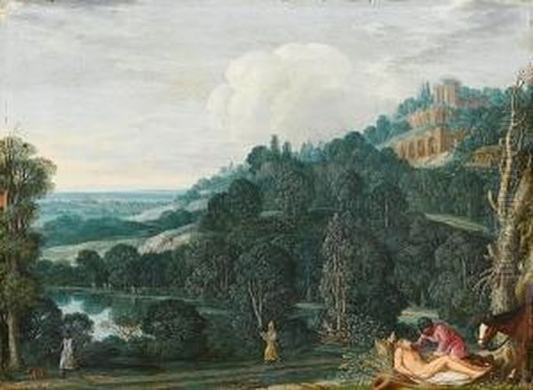 An Extensive Landscape With The Good Samaritan Oil Painting by Johann Konig