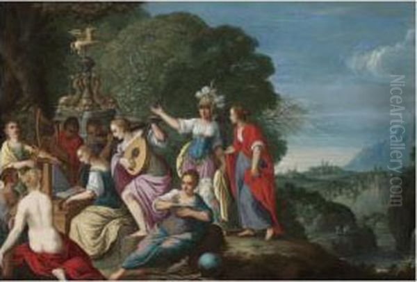 Minerva And The Nine Muses Oil Painting by Johann Konig