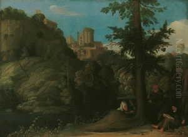 Landschaft Bei Tivoli Mit Drei Eremiten. Oil Painting by Johann Konig