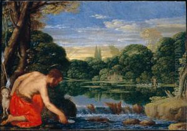 A Wooded River Landscape With Saint John The Baptist Oil Painting by Johann Konig