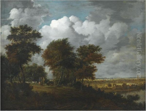 An Extensive Landscape With 
Figures And Sheep On A Path Through Woodland To The Left, And A Distant 
View Across A River To A Broad Plain To The Right Oil Painting by Philips Koninck