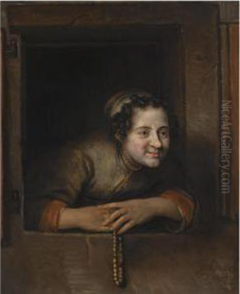 A Young Woman Leaning Out Of A Window Oil Painting by Philips Koninck