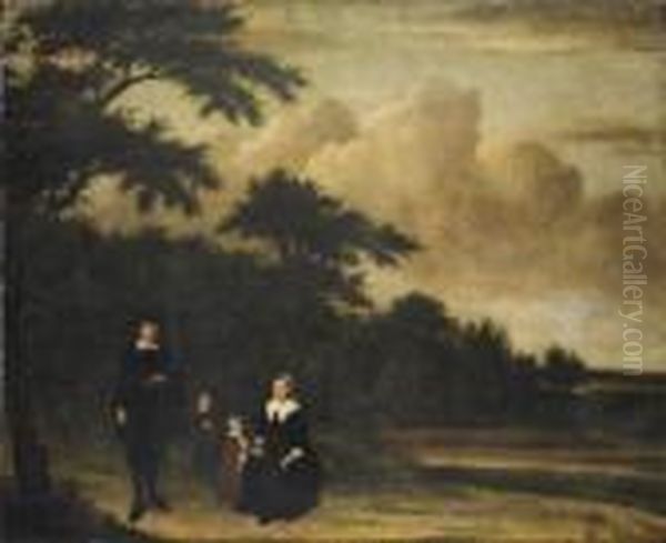 Group Portrait Of A Gentleman 
And A Lady With Their Children In An Extensive Wooded Landscape Oil Painting by Philips Koninck