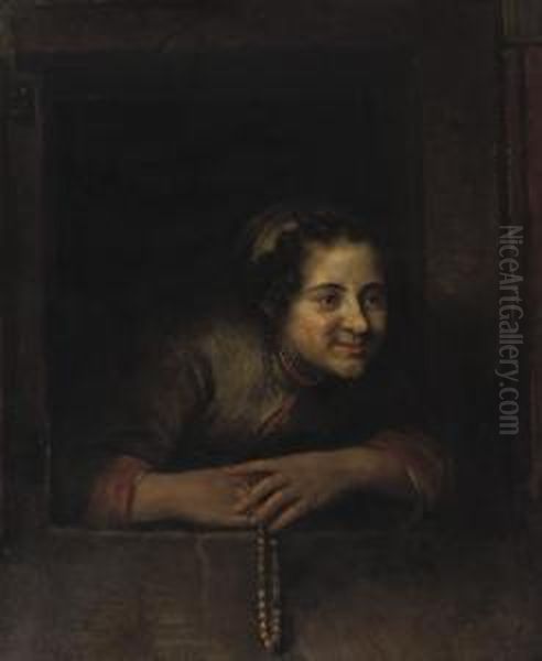 A Young Woman Leaning Out Of A Window, Holding A Pearl Necklace Oil Painting by Philips Koninck