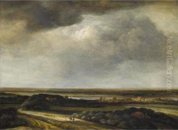 A Panoramic River Landscape With Drovers In The Foreground Oil Painting by Philips Koninck