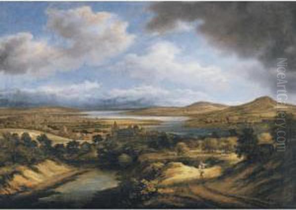 A Panoramic River Landscape Oil Painting by Philips Koninck