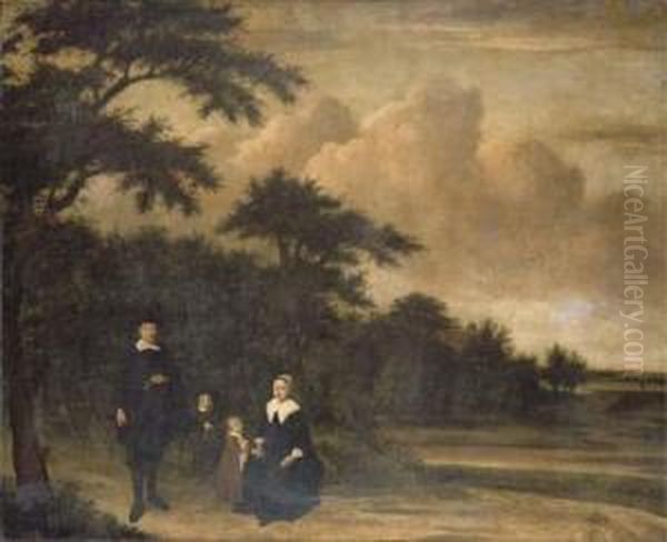 A Group Portrait Of A Gentleman 
And A Lady With Their Children Inan Extensive Wooded Landscape Oil Painting by Philips Koninck