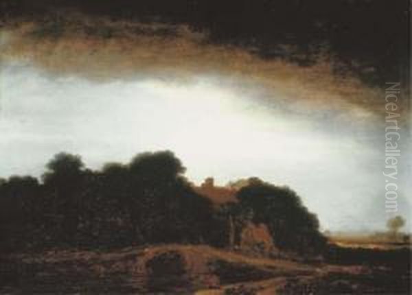 A Wooded Landscape With A 
Cottage By A Path At Dusk, An Artistsketching In The Foreground Oil Painting by Philips Koninck