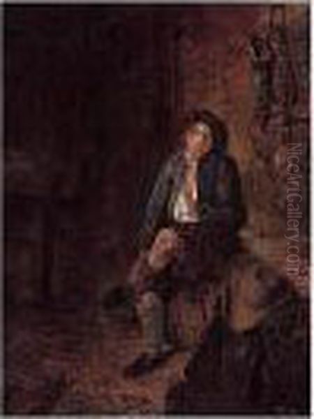 Stable Interior With A Young Boy Seated On A Barrel Oil Painting by Philips Koninck