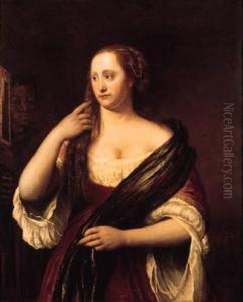 A Vanitas: A Lady At Her Toilet Oil Painting by Philips Koninck