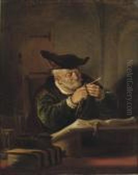 A Scholar Sharpening His Quill Oil Painting by Salomon Koninck