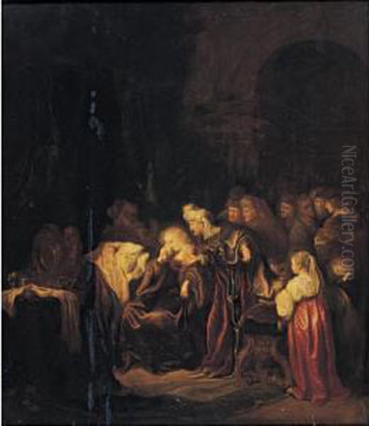 David And Bathsheba Mourning Over Their Dead Son Oil Painting by Salomon Koninck