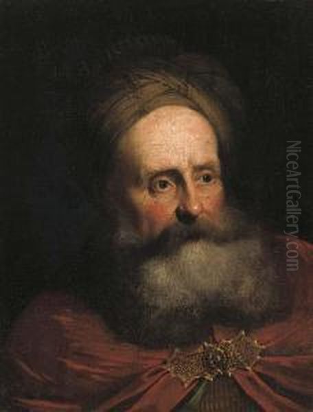 A Bearded Man, Bust-length, In A Turban And A Red Cloak Oil Painting by Salomon Koninck