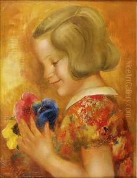 Portrait De Fillette Aux Fleurs Huile Sur Toile Signee En Bas A Gauche Oil Painting by Micao Kono