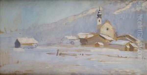 Solltirol: A Snowy Landscape Oil Painting by Rudolf Konopa